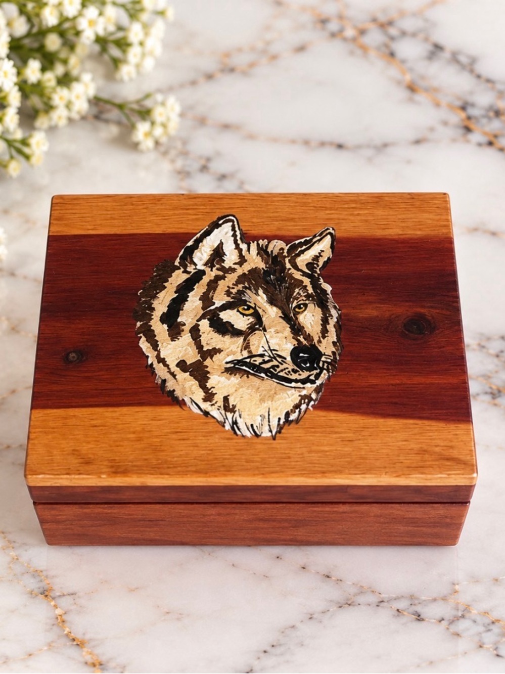 Wooden Wolf Accent Box in Natural and Brown